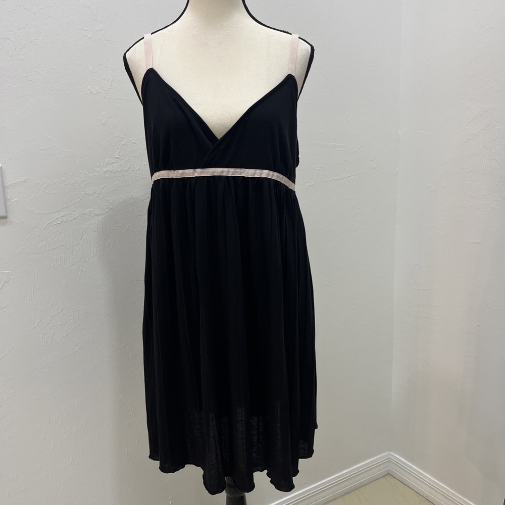 Attention Babydoll Dress Womens Large Black Open Back Empire Waist Pink Trim